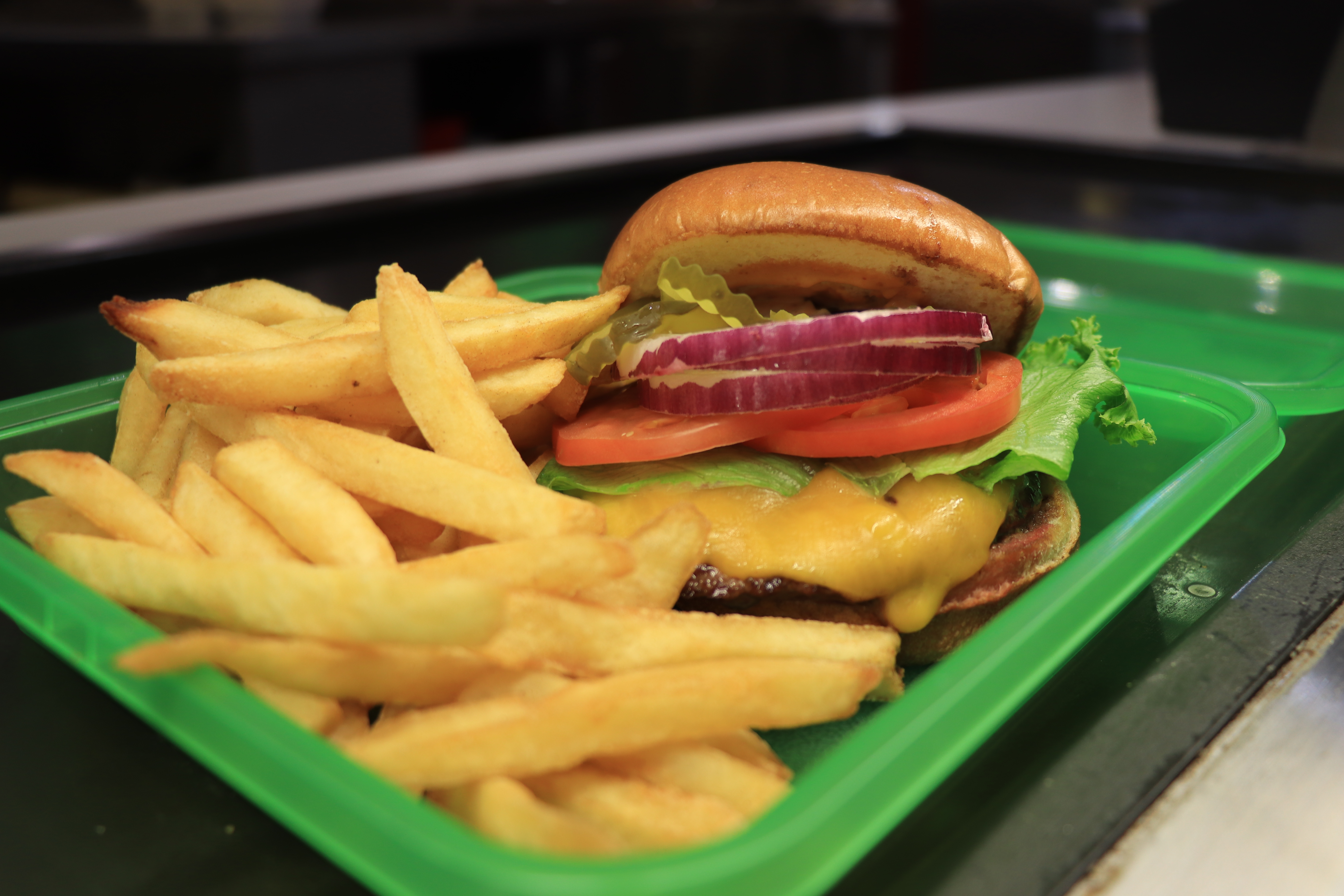 Burger and fries in an OZZI container.