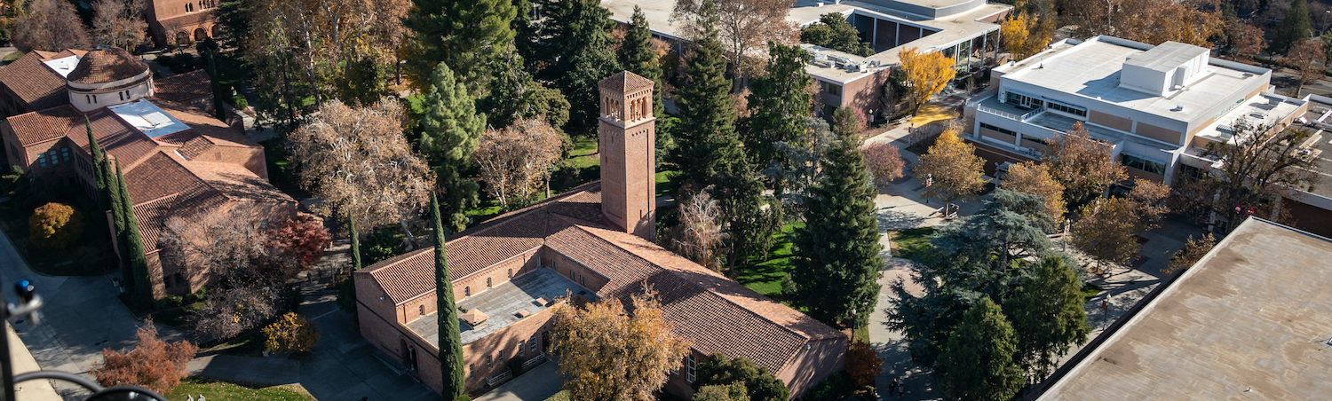 Aerial shot of chico state campus featuring Trinity Hall