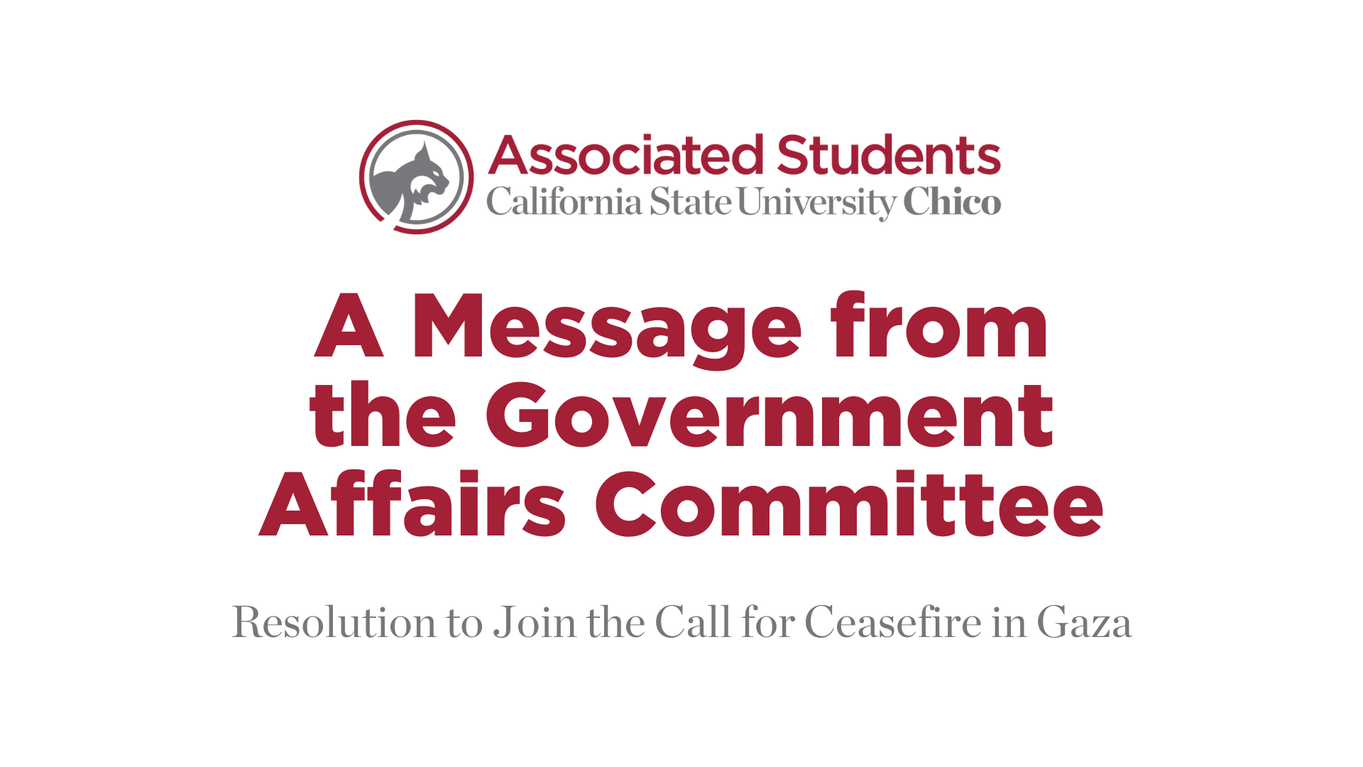 Image with text | A message from the Government Affairs Committee Resolution to Join the Call to Ceasefire in Gaza